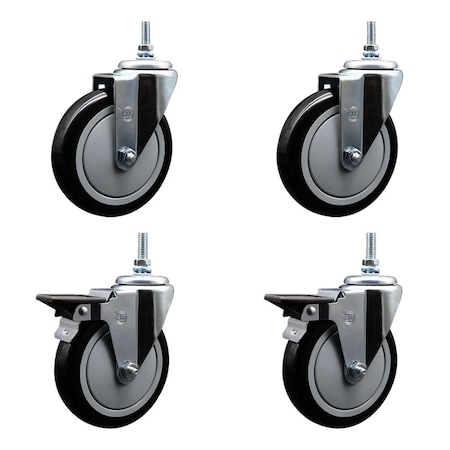 Service Caster 5 Inch Black Polyurethane 38 Inch Threaded Stem Caster Set 2 Brakes SCC SCC-TS20S514-PPUB-BLK-381615-2-PLB-2